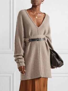 CO V-Neck Belted Cashmere Sweater in Taupe, size XS